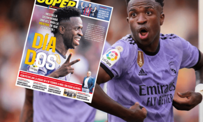 Vinícius en Mestalla y la portada de Superdeporte (Getty)