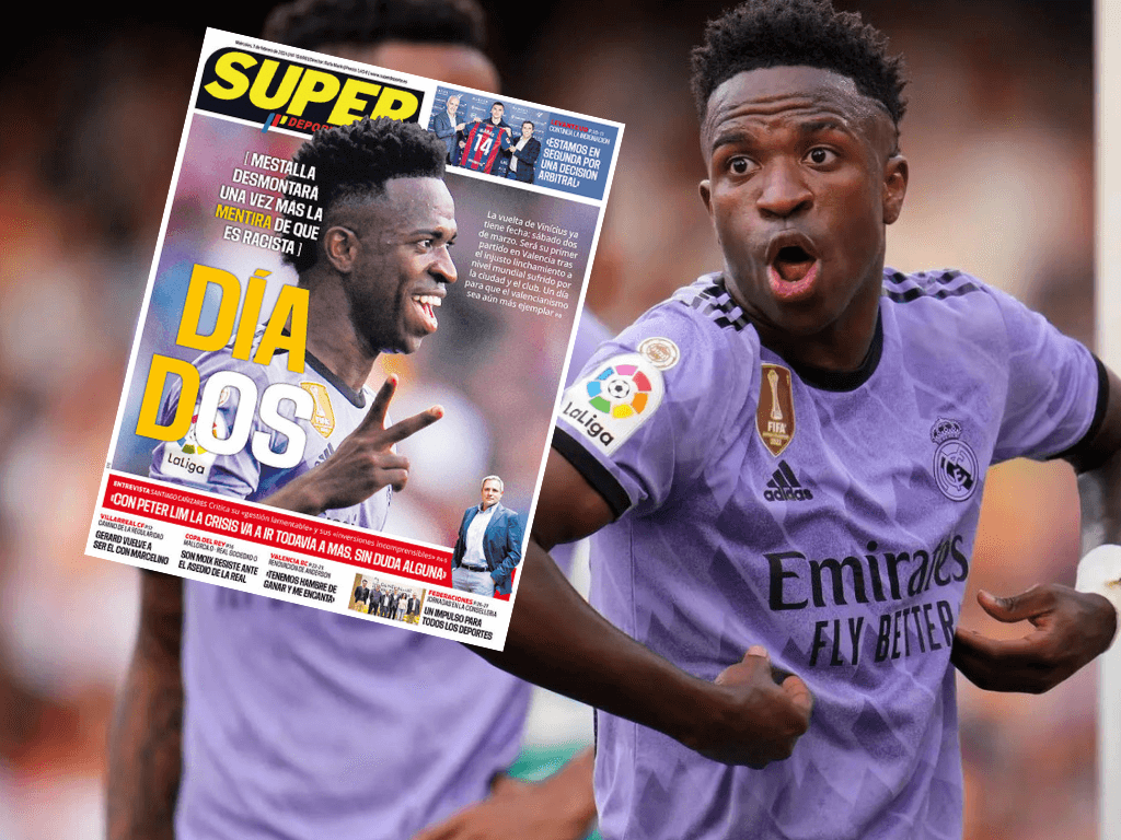 Vinícius en Mestalla y la portada de Superdeporte (Getty)