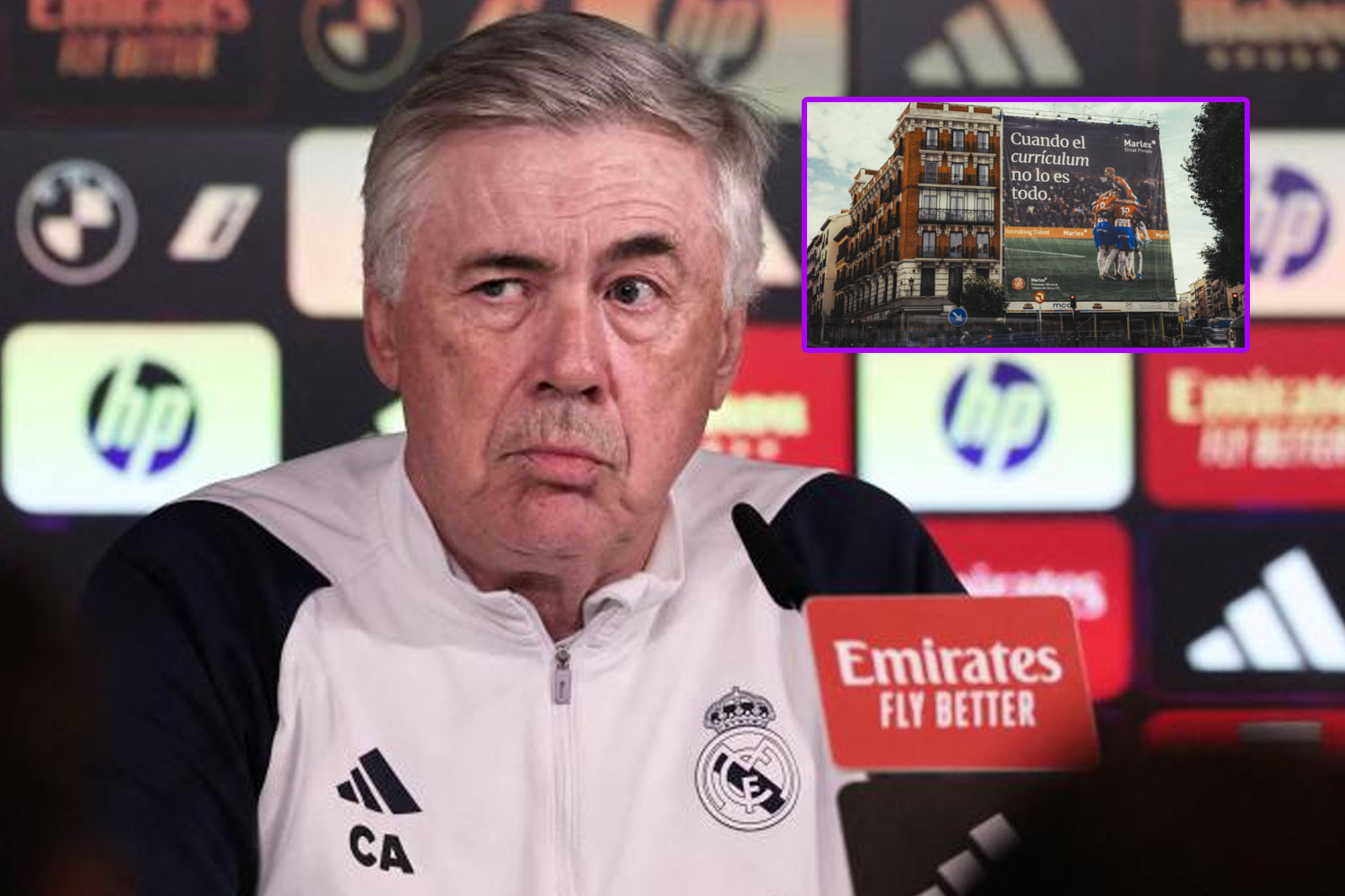 Ancelotti y la lona del Girona en Madrid (AFP)