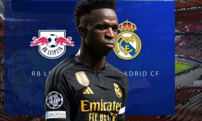 Vinícius y escudos del Leipzig-Real Madrid
