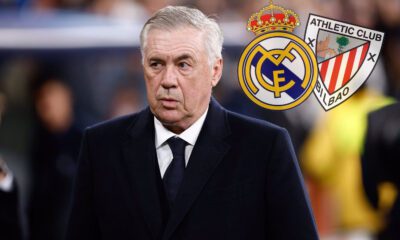 Ancelotti con los escudos del Real Madrid y Athletic Club (Europa Press)