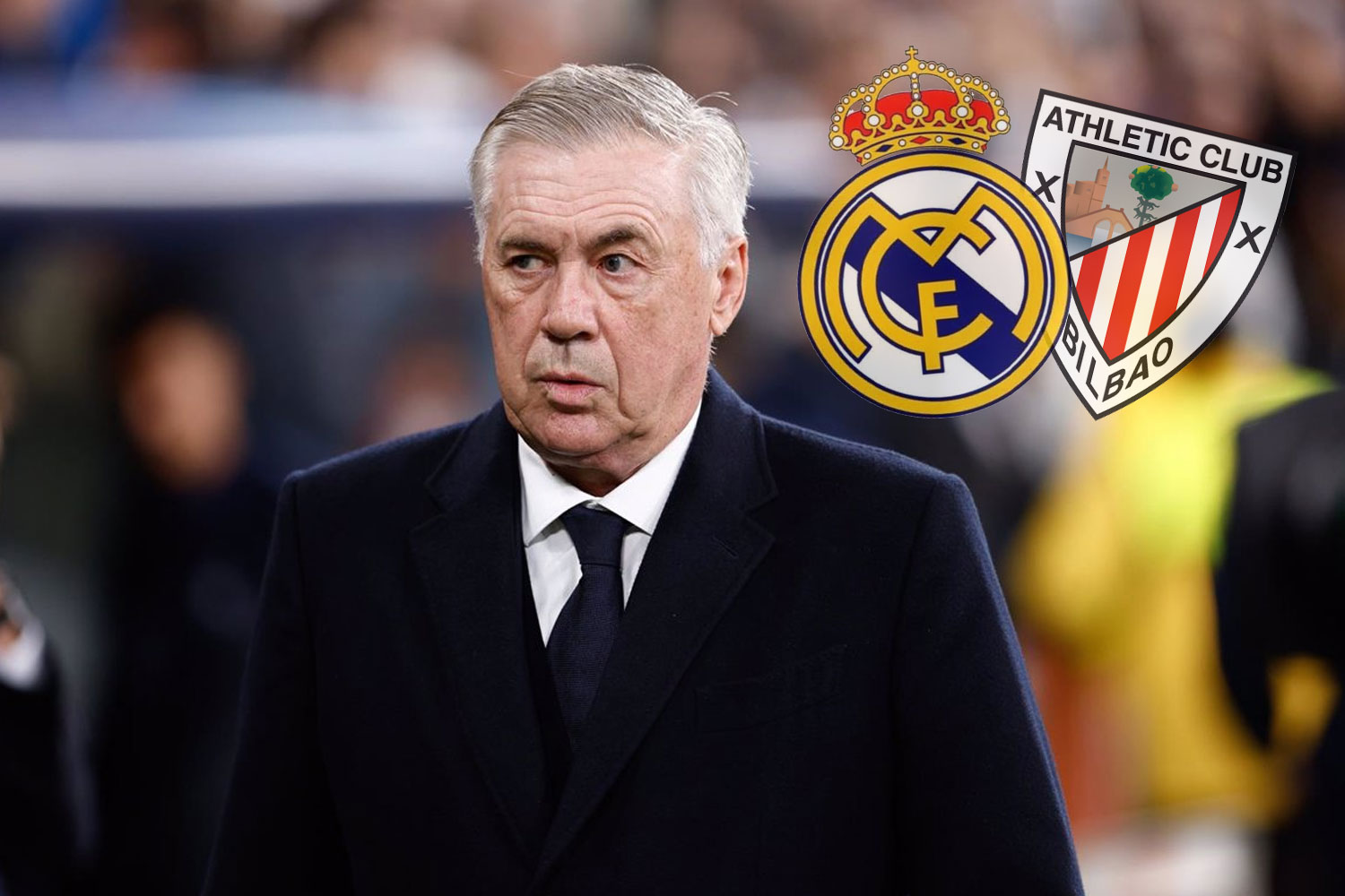 Ancelotti con los escudos del Real Madrid y Athletic Club (Europa Press)