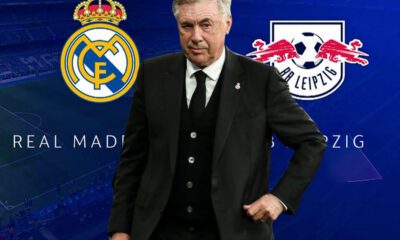 Ancelotti y escudos del Real Madrid y Leipzig (Agencias)