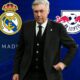 Ancelotti y escudos del Real Madrid y Leipzig (Agencias)