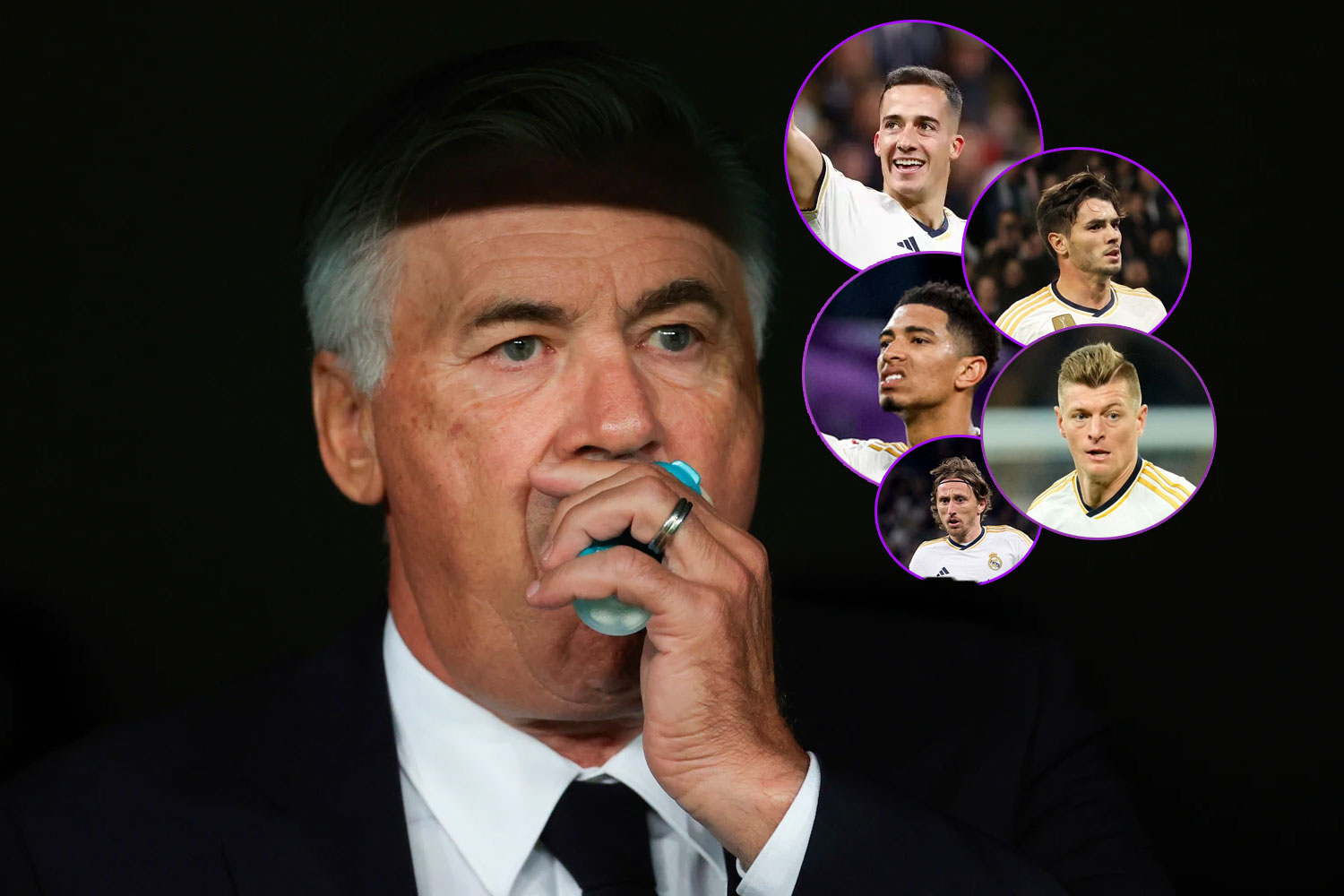 Ancelotti con Lucas, Brahim, Modric, Kroos y Bellingham (Getty)