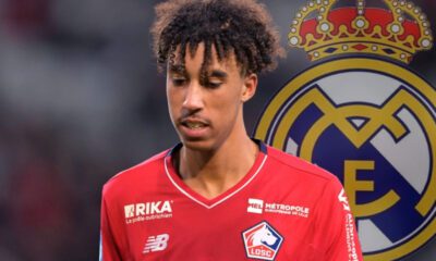 Leny Yoro con el escudo del Madrid (Getty)