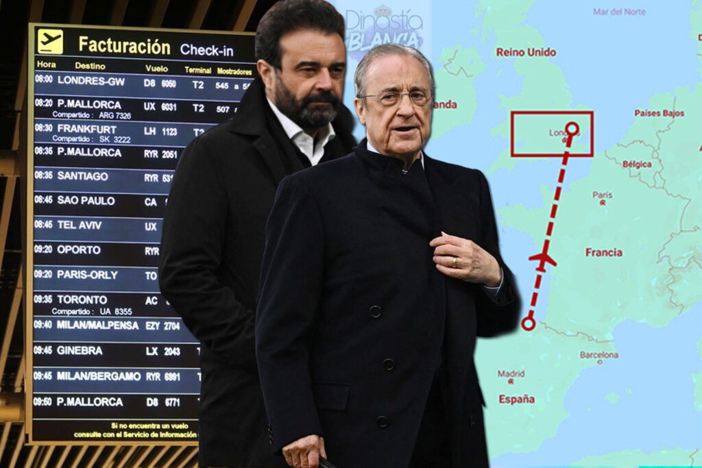 José Ángel Sánchez y Florentino con un vuelo a Londres por detrás (Montaje Dinastía Blanca, foto Getty)