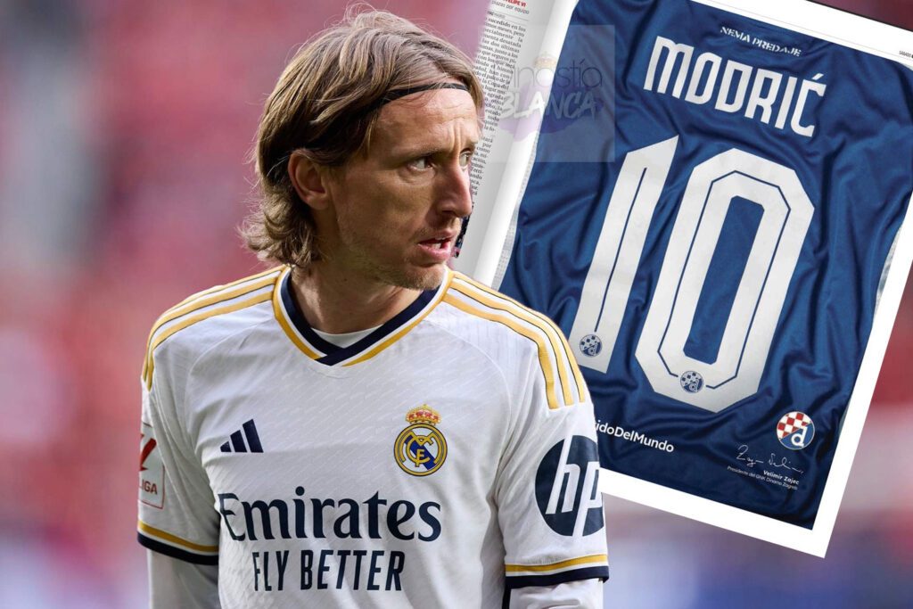 Modric y periódico del Marca de fondo con publicidad del Zagreb