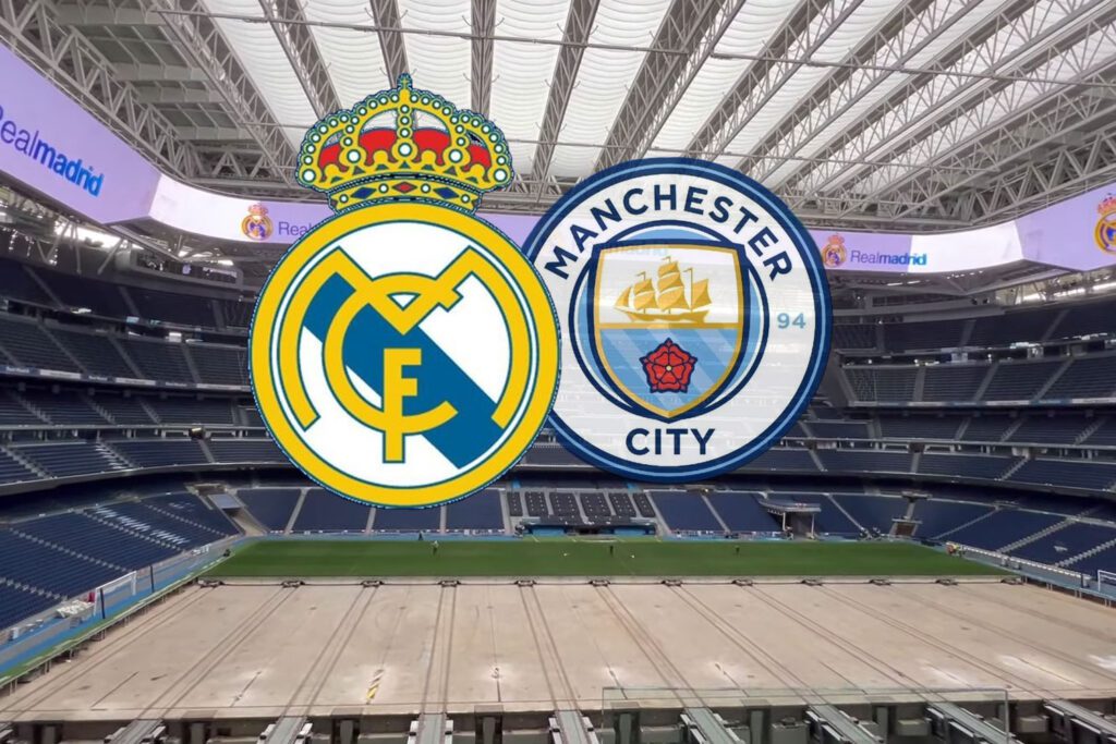 El estado de la obra del Bernabéu antes del City y escudos de los dos equipos