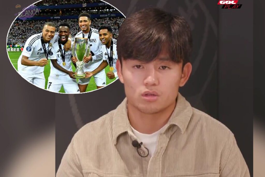 Take Kubo hablando y al lado jugadores del Real Madrid en un círculo