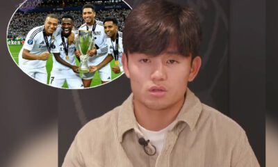 Take Kubo hablando y al lado jugadores del Real Madrid en un círculo