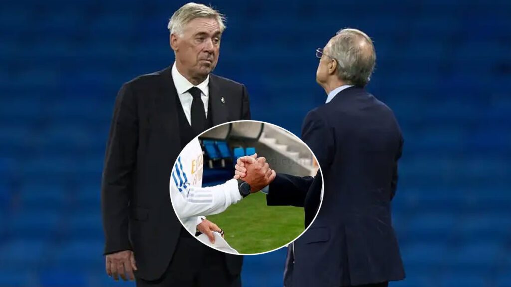 Ancelotti hablando con Florentino y círculo con un apretón de manos entre ambos