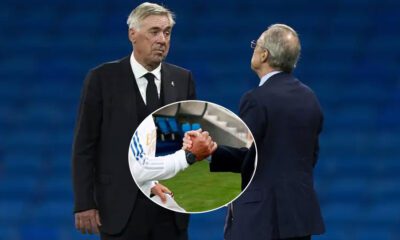Ancelotti hablando con Florentino y círculo con un apretón de manos entre ambos
