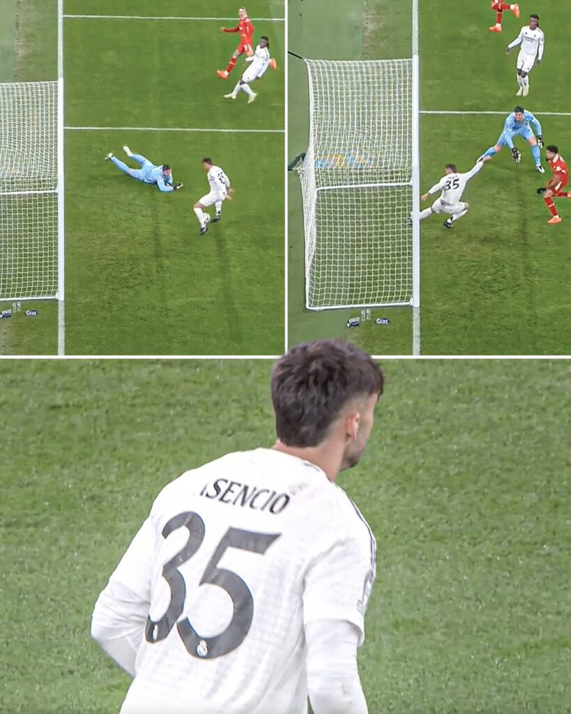 Asencio salvando el gol bajo palos en Anfield