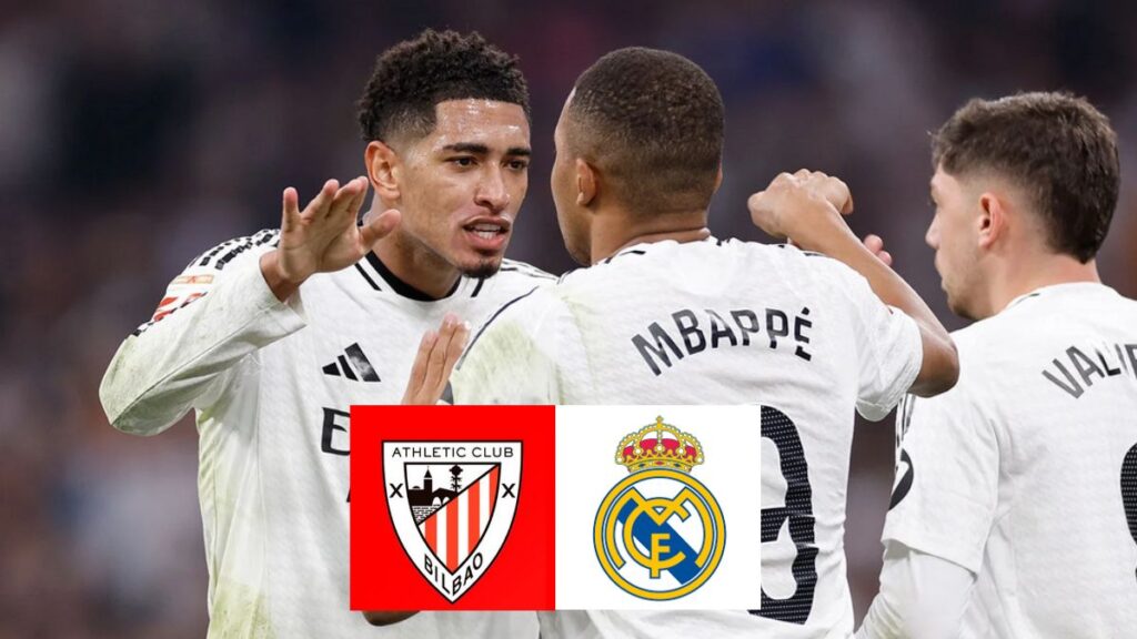 Bellingham y Mbappé con escudos del Athletic y Real Madrid