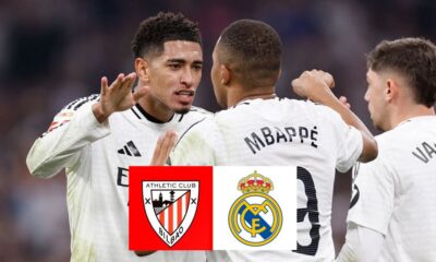 Bellingham y Mbappé con escudos del Athletic y Real Madrid