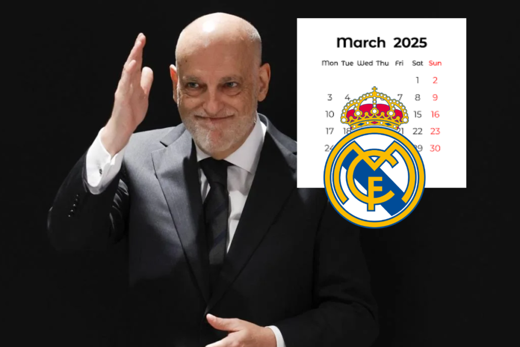 El Real Madrid lleva un enfado mayúsculo con los horarios de Tebas Tebas con un escudo y calendario del Real Madrid