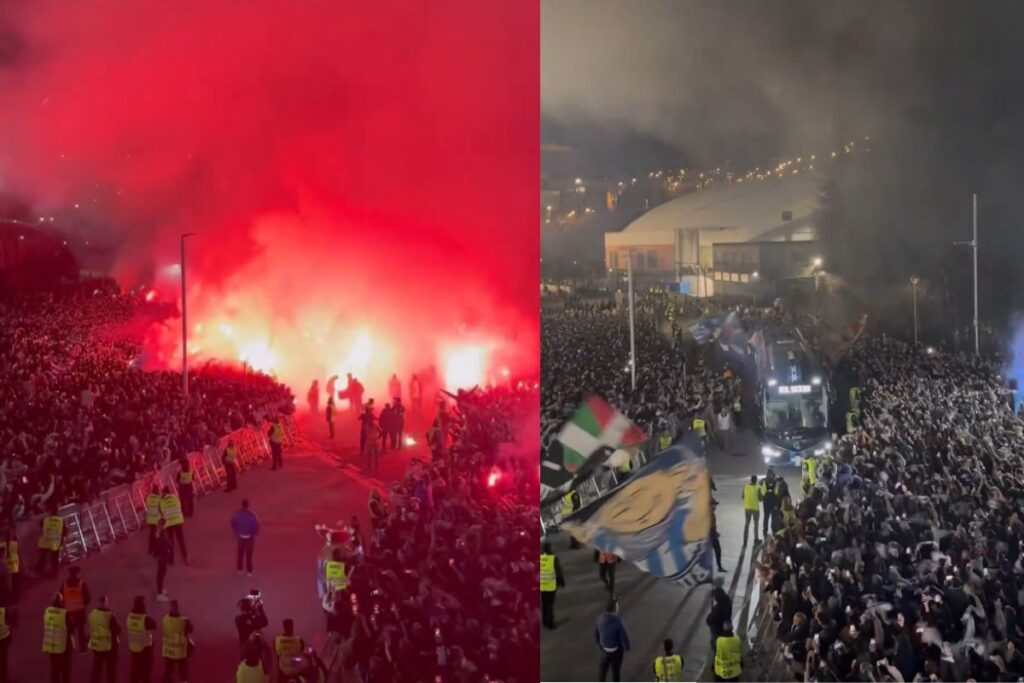 El bengaleo en el Reale Arena en la llegada del bus
