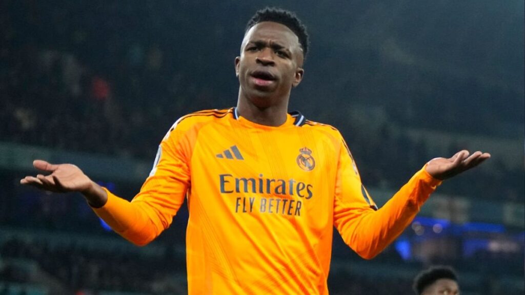 Vinicius celebrando el gol del Real Madrid en el Etihad