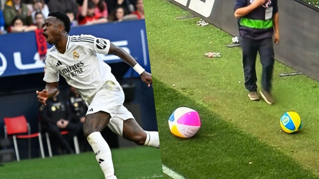 Los cánticos denunciables a Vinicius y Asencio: Munuera no lo recoge en acta Vinicius en El Sadar y los lanzamientos de balones de playa