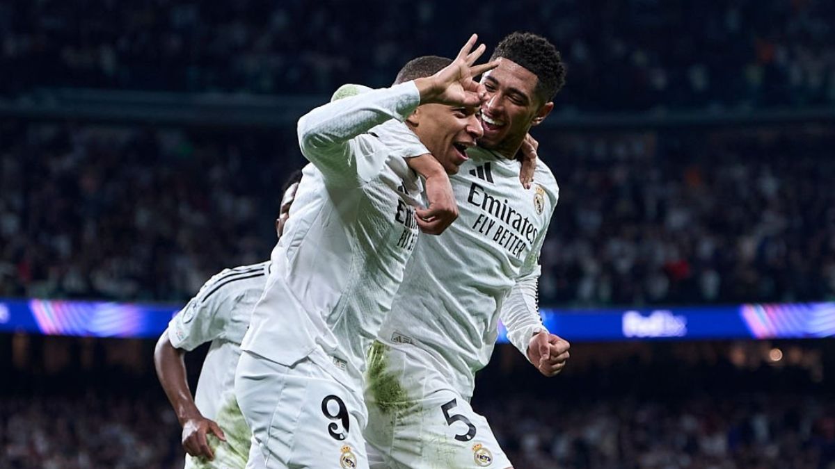 Mbappé y Bellingham celebrando un gol al City