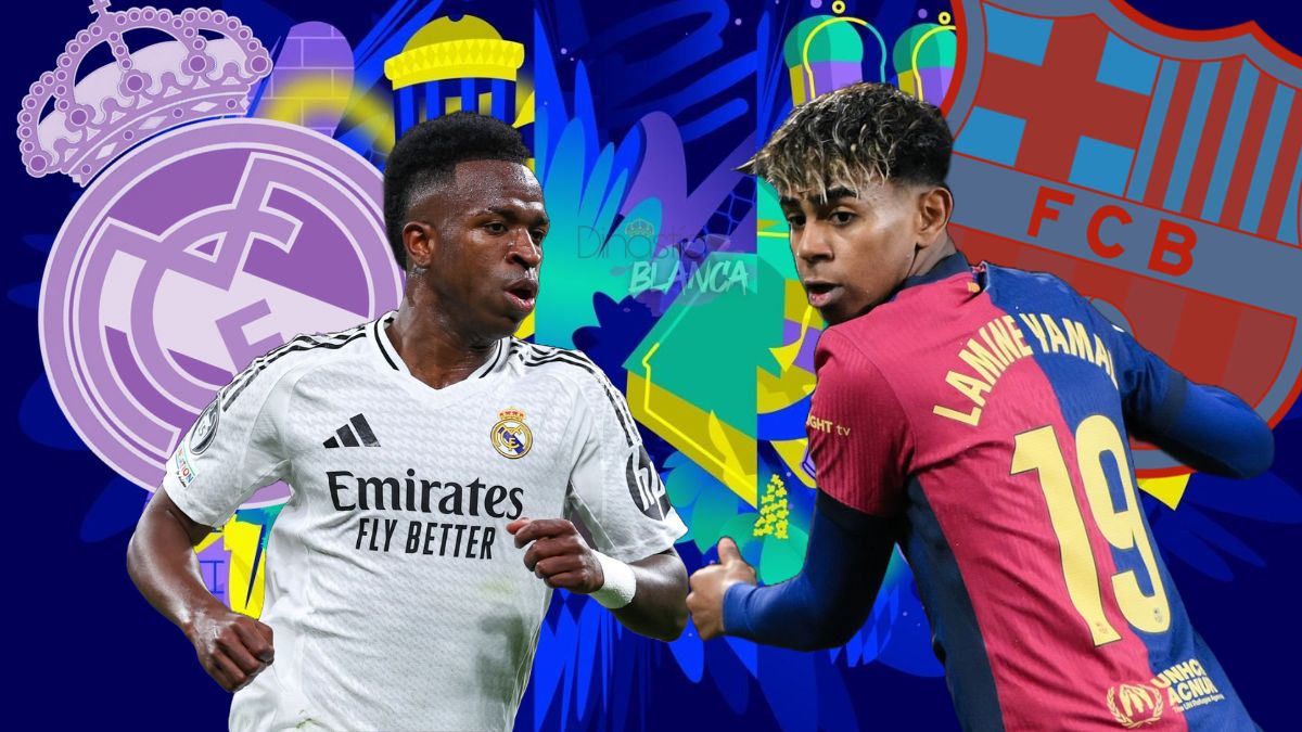 Vinicius y Lamine con escudos de Barça y Madrid