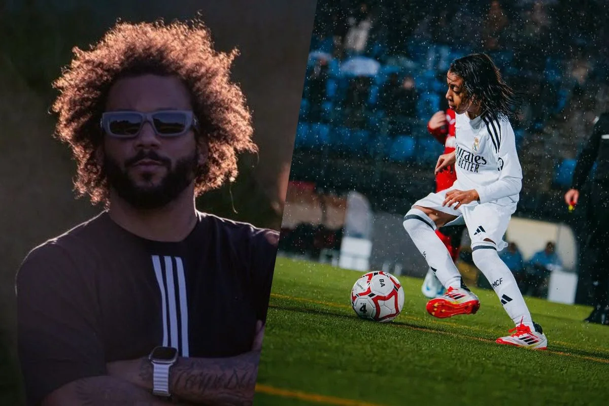 Marcelo en la grada con su hijo Liam en un lado debutando con el Real Madird