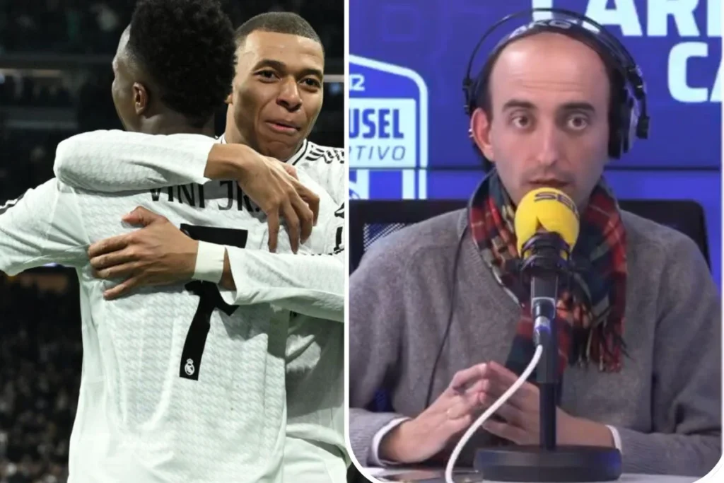 Antón Meana busca lío en el vestuario: «Mbappé y Vinicius…» Vinicius y Mbappé celebrando un gol, al lado Antón Meana