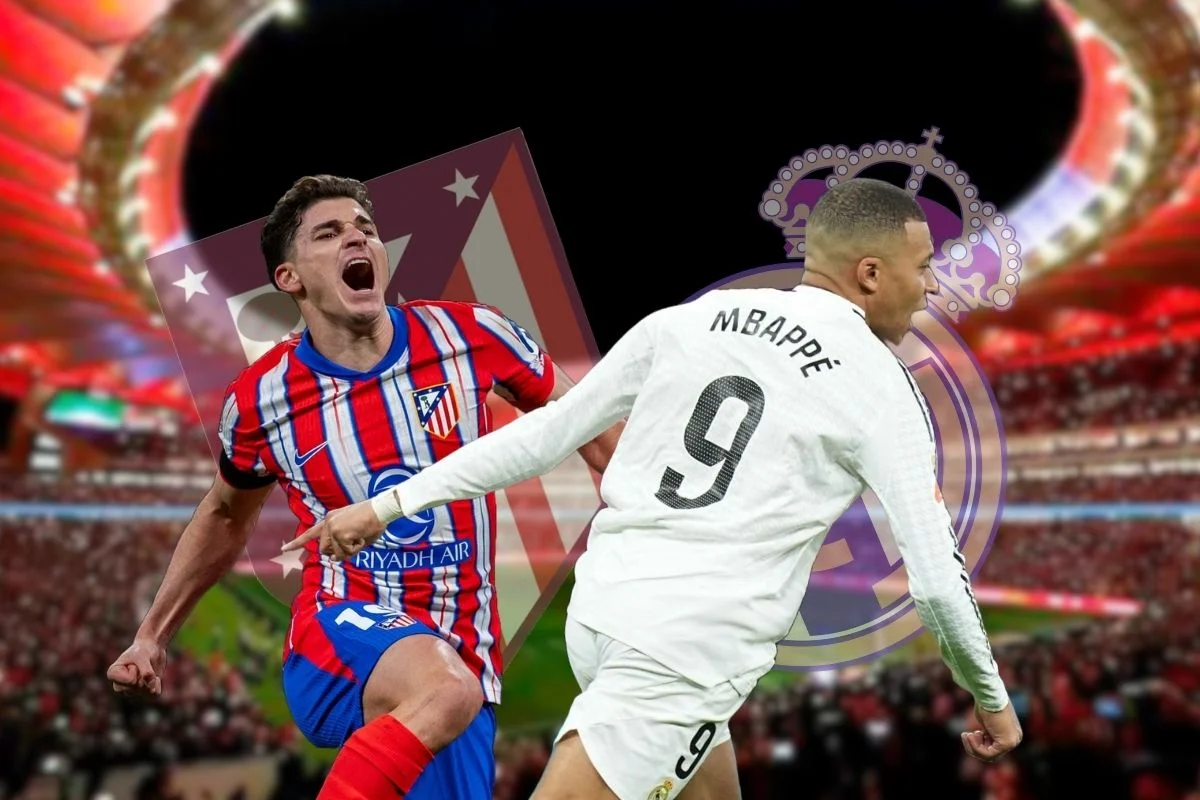 Julian, Mbappé, escudos de Atleti y Real Madrid; fondo del Metropolitano