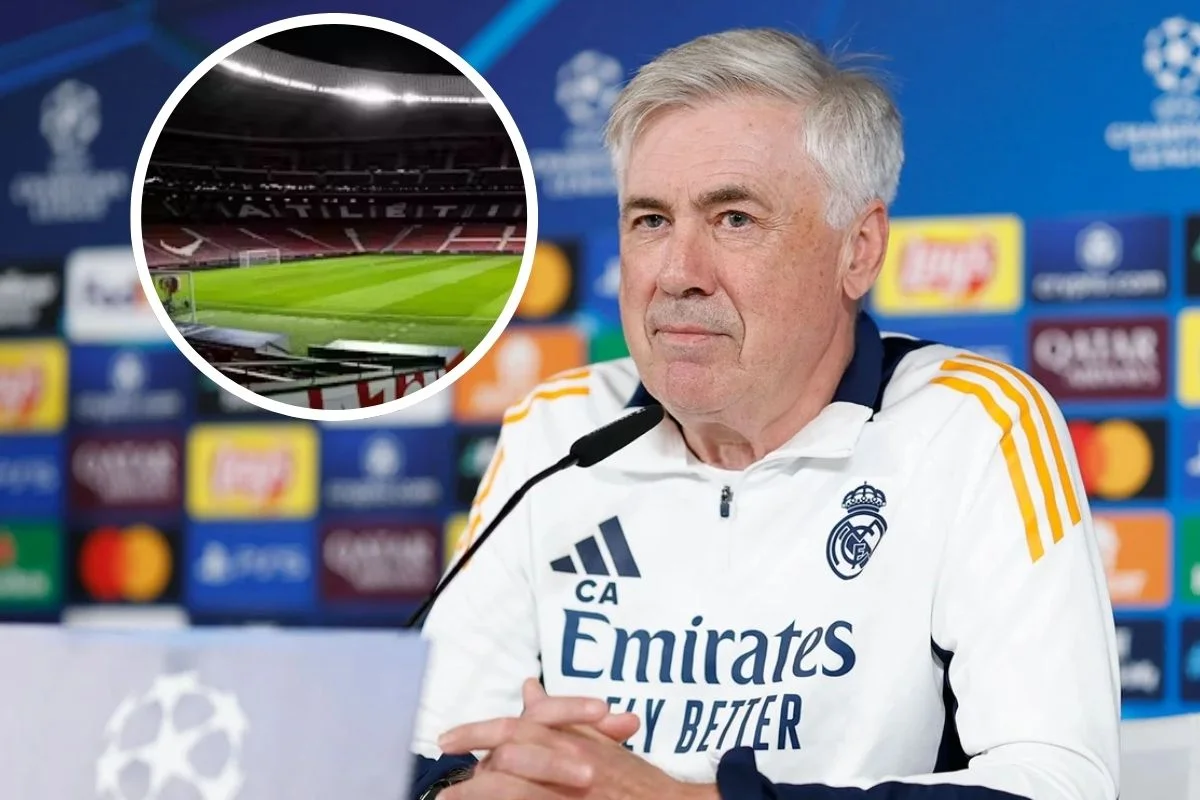 Ancelotti hablando en rueda de prensa y el punto de penalti del Metropolitano en un círculo