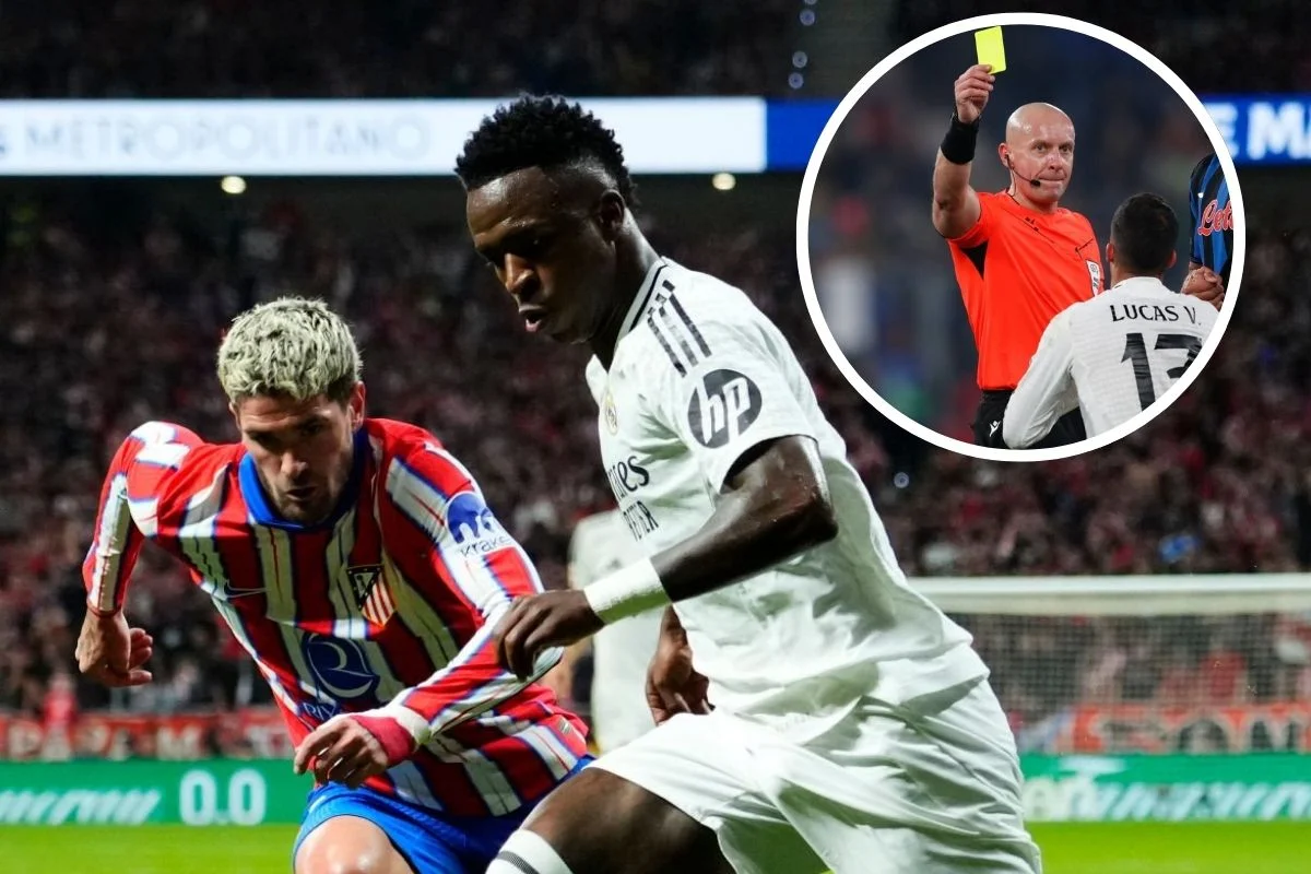 Vinicius pugnando por una pelota con De Paul y en un círculo Marciniak mostrando una amarilla a Lucas