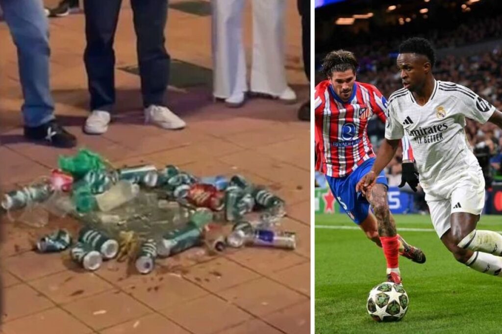 La «ejemplar» afición del Atlético: racismo contra Vinicius y ensucian la placa de Courtois La placa de Courtois y Vinicius en el derbi al lado