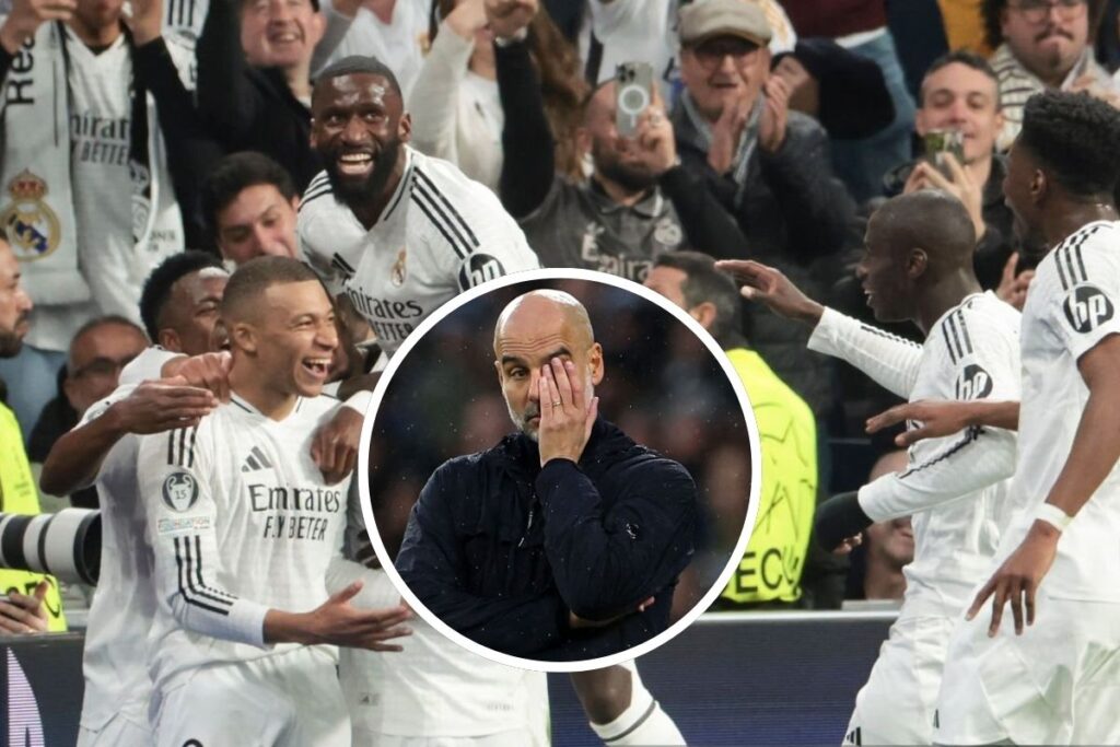 Guardiola en un círculo y de fondo los jugadores del Real Madrid celebrando un gol