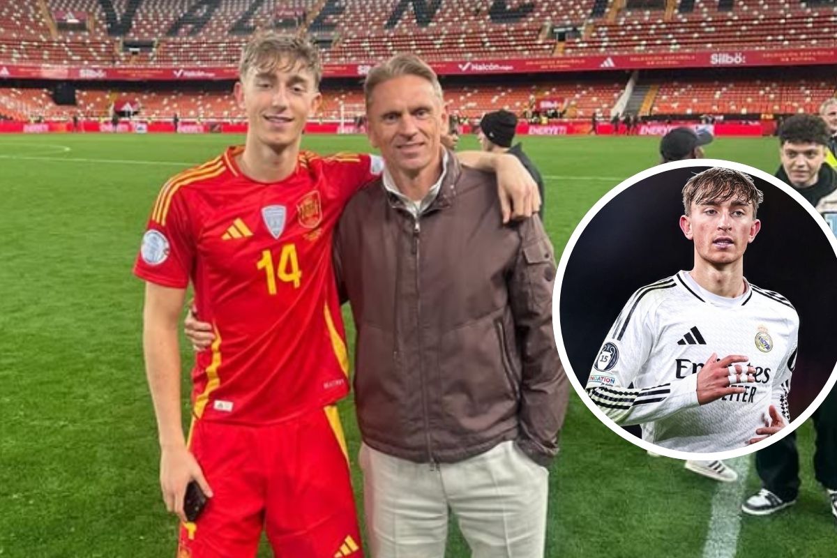 Dean Huijsen con su padre y en un círculo vestido del Real Madrid
