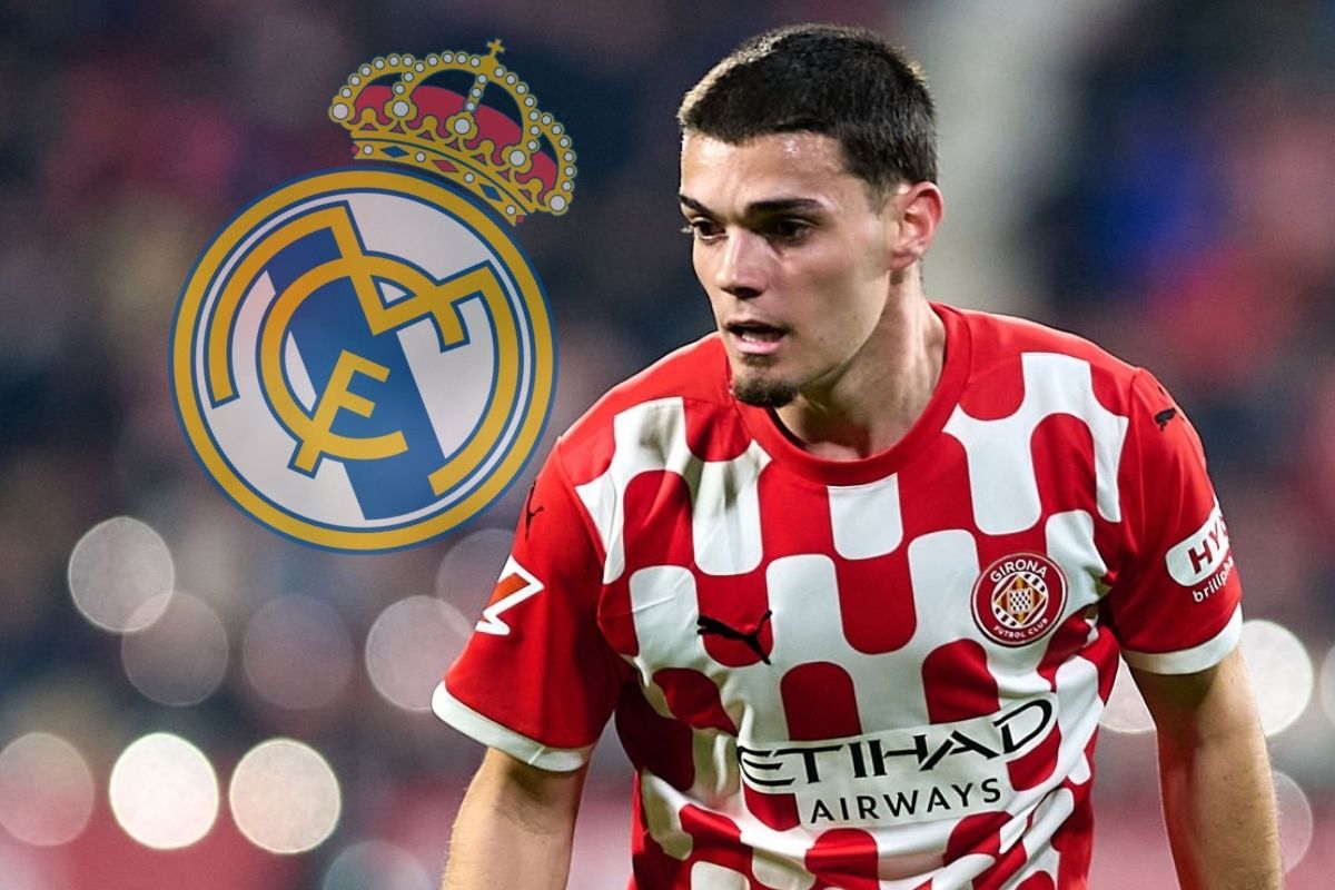 Miguel Gutiérrez y al lado el escudo del Real Madrid