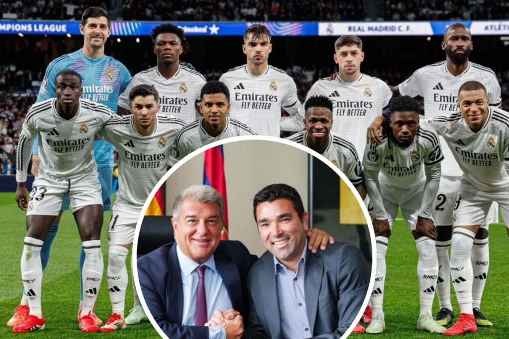 Deco y Laporta en un círculo y por detrás un once del Real Madrid