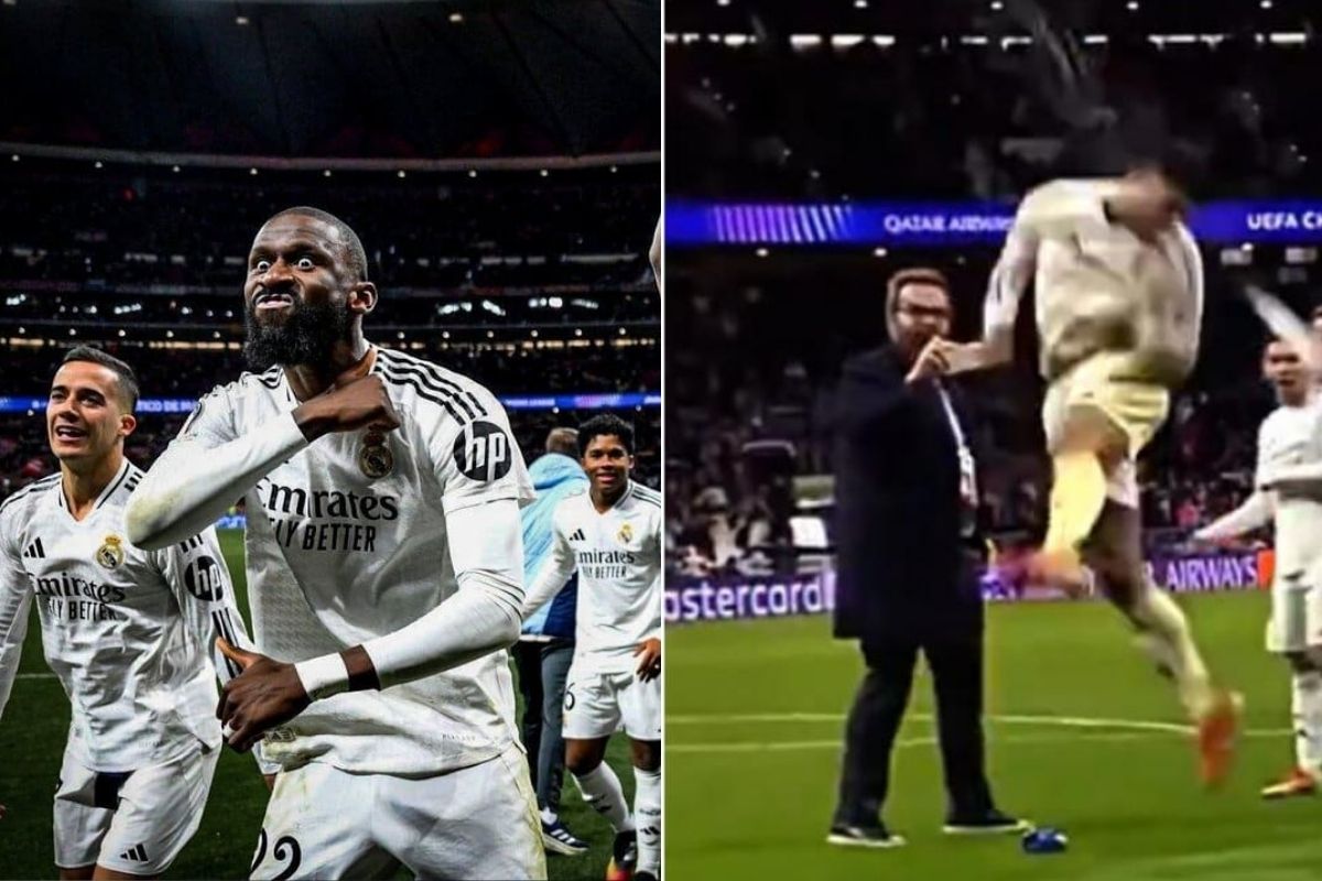 Bellingham rematando una botella y al lado Rüdiger haciendo gestos a la grada del Metropolitano