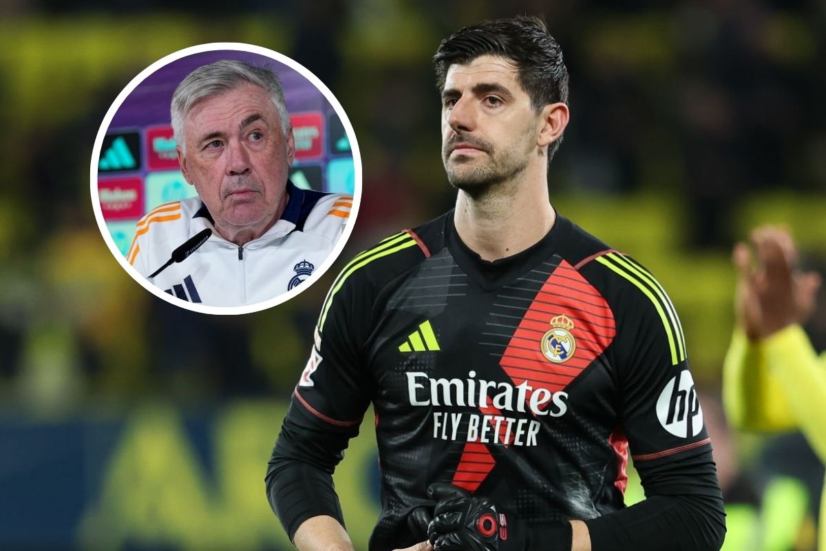 Ancelotti en un círculo y Courtois de fondo