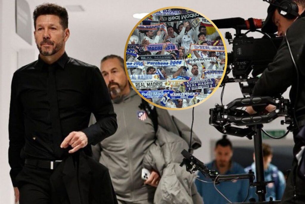 Simeone haciendo el gesto de cuernos y la afición del Real Madrid en un círculo