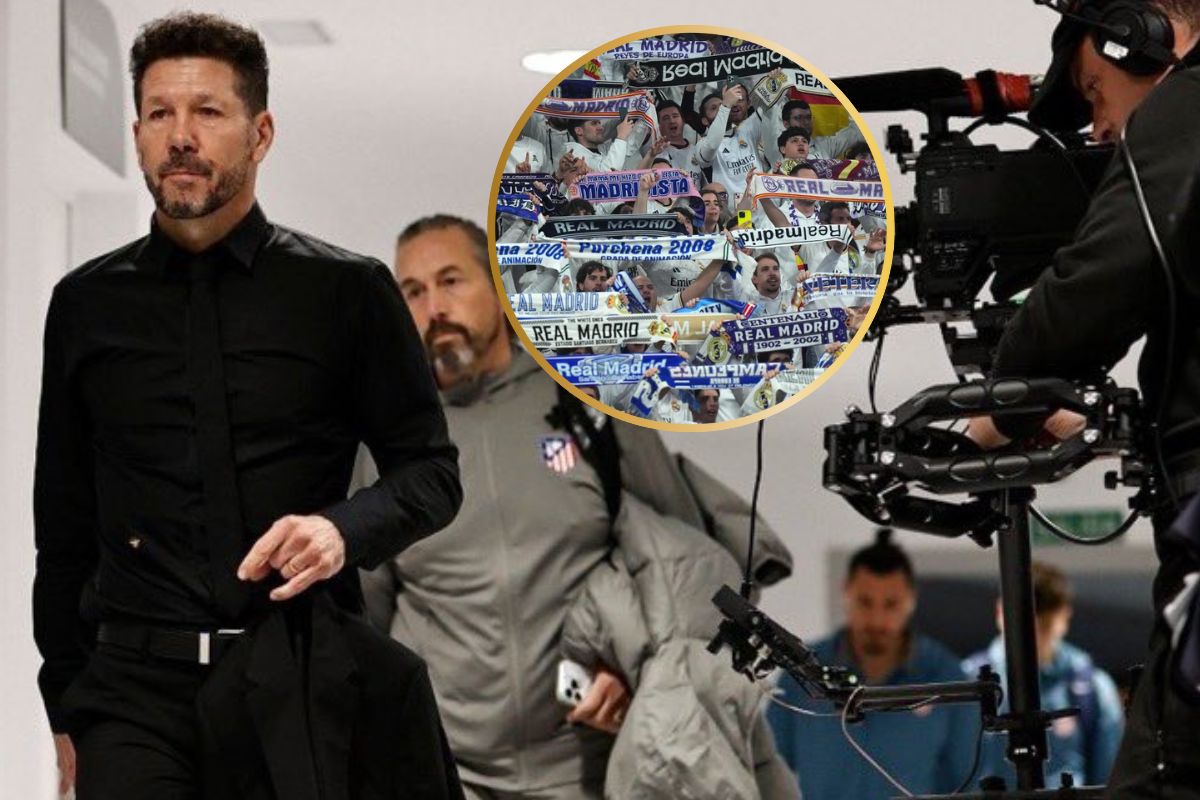 Simeone haciendo el gesto de cuernos y la afición del Real Madrid en un círculo