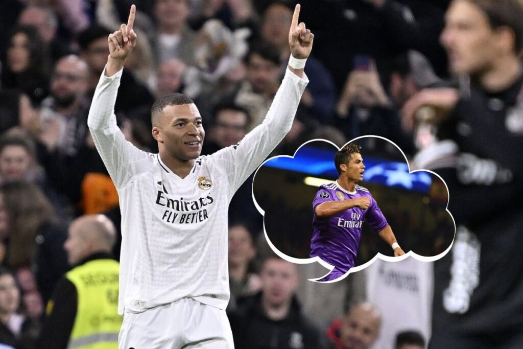 Mbappé celebrando su gol al Leganés y en una burbuja a CR7 de 2017