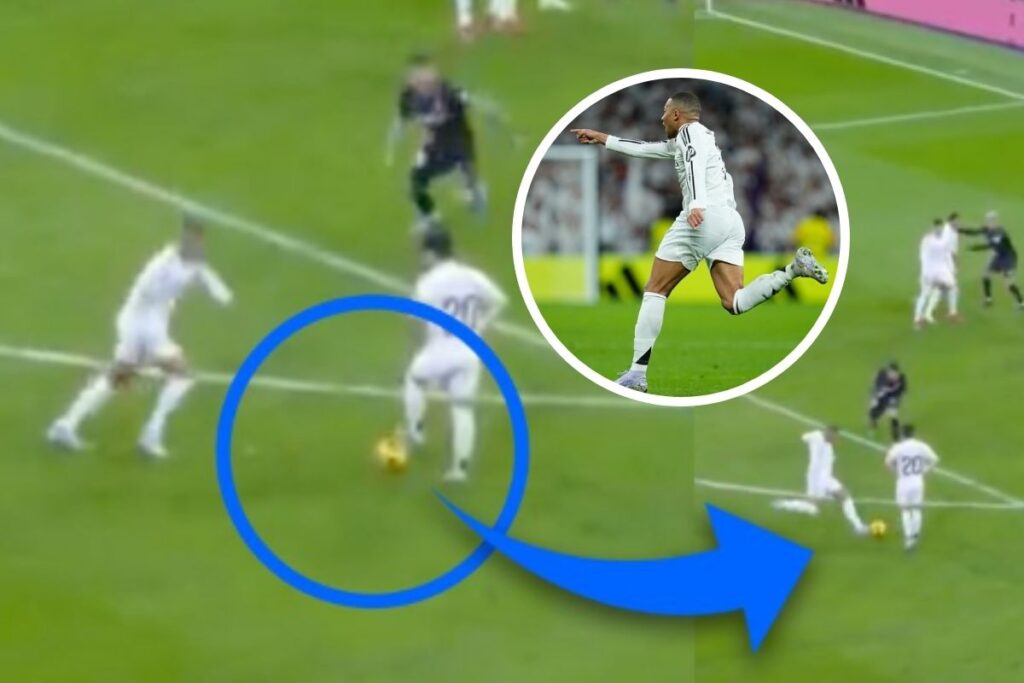 Momento en el que Mbappé lanza la falta y en un círculo su celebración
