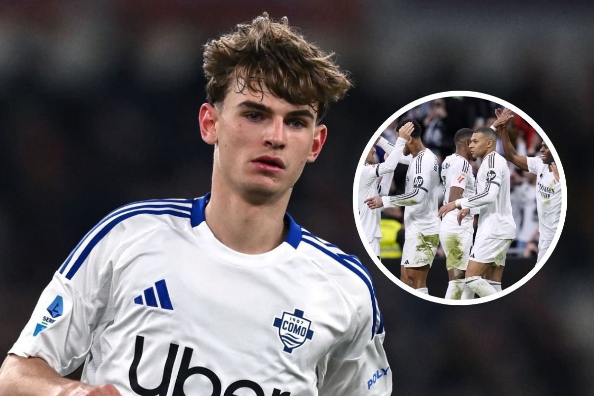 Nico Paz y al lado un círculo con jugadores del Real Madrid