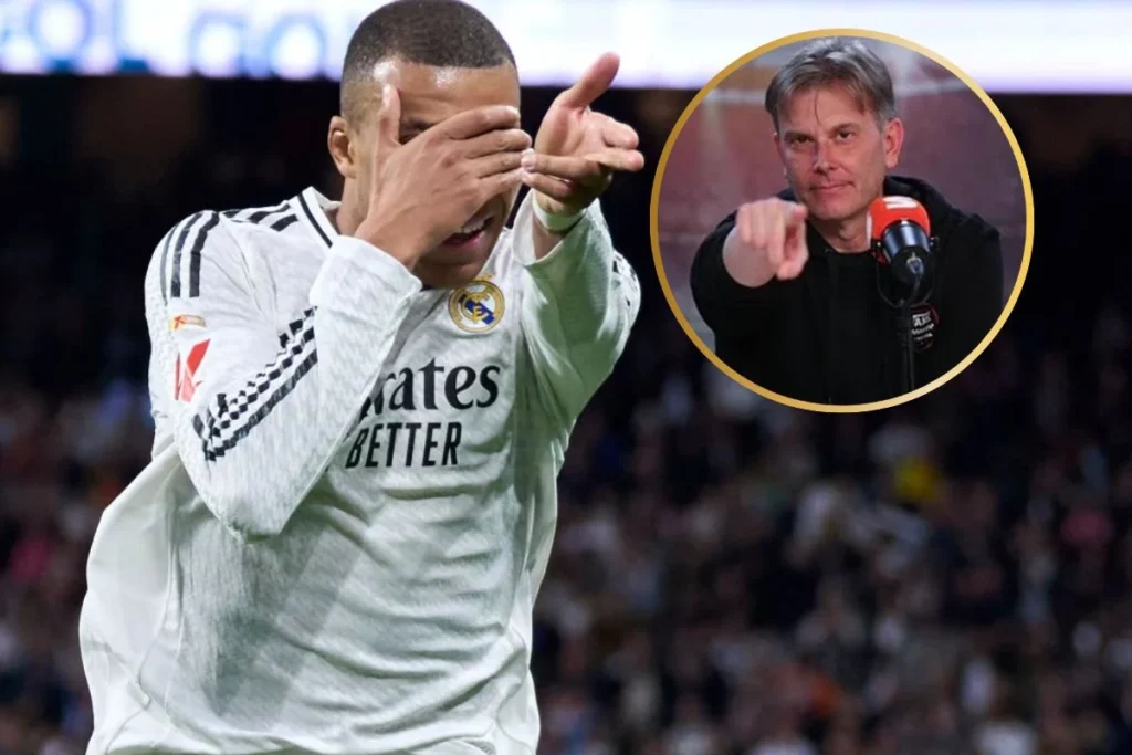 Mbappé celebrando un gol y David Bernabéu en un círculo al lado