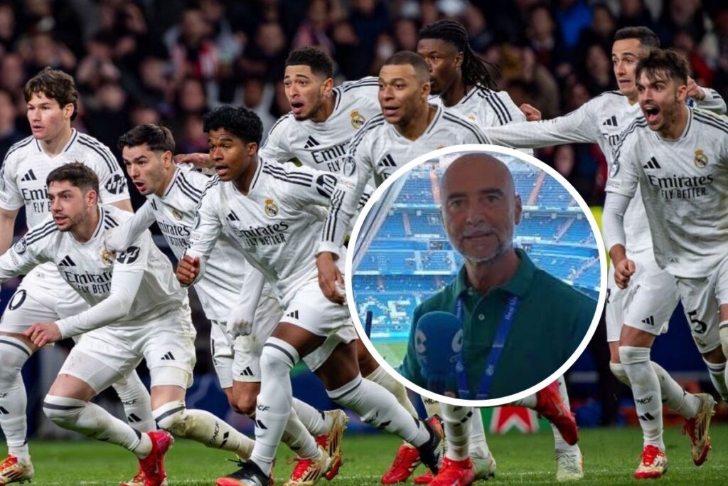 Melchor Ruiz en un círculo y jugadores del Madrid celebrando el gol