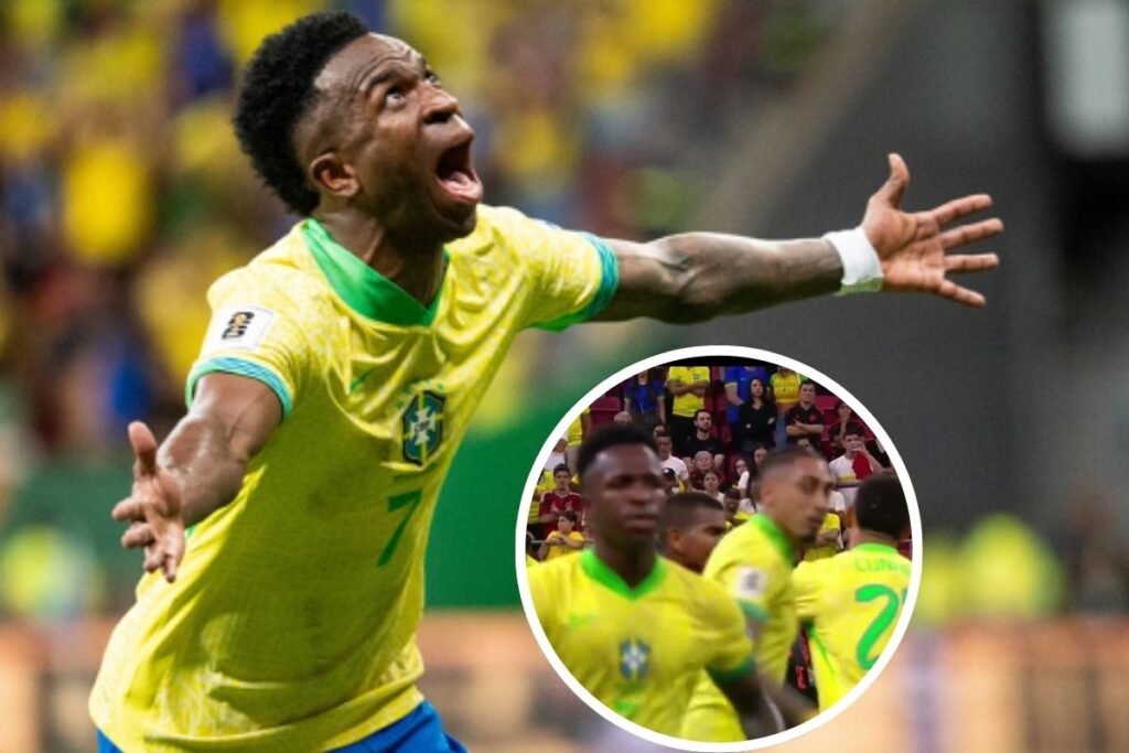 Vinicius celebrando su gol y al lado en un círculo el enganchón de Raphinha