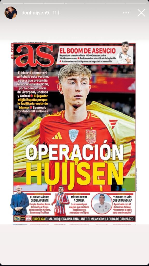 La storie del padre de Huijsen compartiendo portada del As