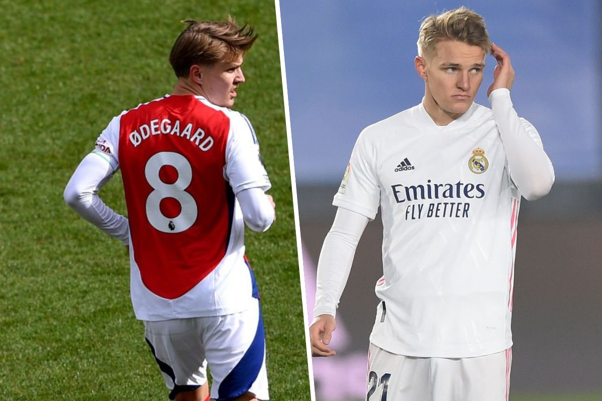 Odegaard con el Arsenal y al lado con el Real Madrid