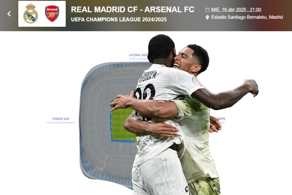 Precios de élite por el Real Madrid-Arsenal… pero habrá llenazo Bellingham y Rüdiger celebrando un gol y de fondo la web de entradas del Real Madrid-Arsenal