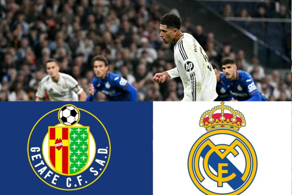 Getafe-Real Madrid: dónde ver en directo, online y horario internacional Escudos del Getafe y Real Madrid con Bellingham arriba